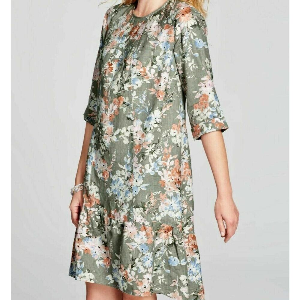 J. Jill Caraway Fresh Bloom Sage Green Floral Linen Knee Length Shift Dress